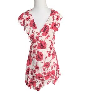Free People Red Floral Wrap Mini Dress V-Neck Flutter Sleeve Medium OB617054